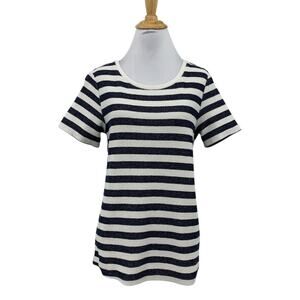 Sanctuary Top Womens S Small White Navy Textured Striped Pleated Split Back